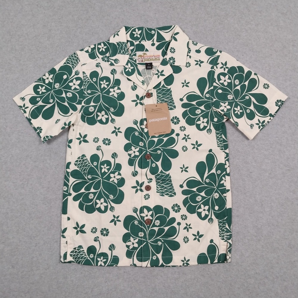 Patagonia Shirt Kids Small Ivory Green Pataloha Hawaiian Camp Retro Print AOP